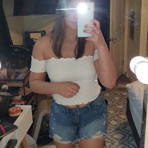 Off the shoulder white ribbed crop top